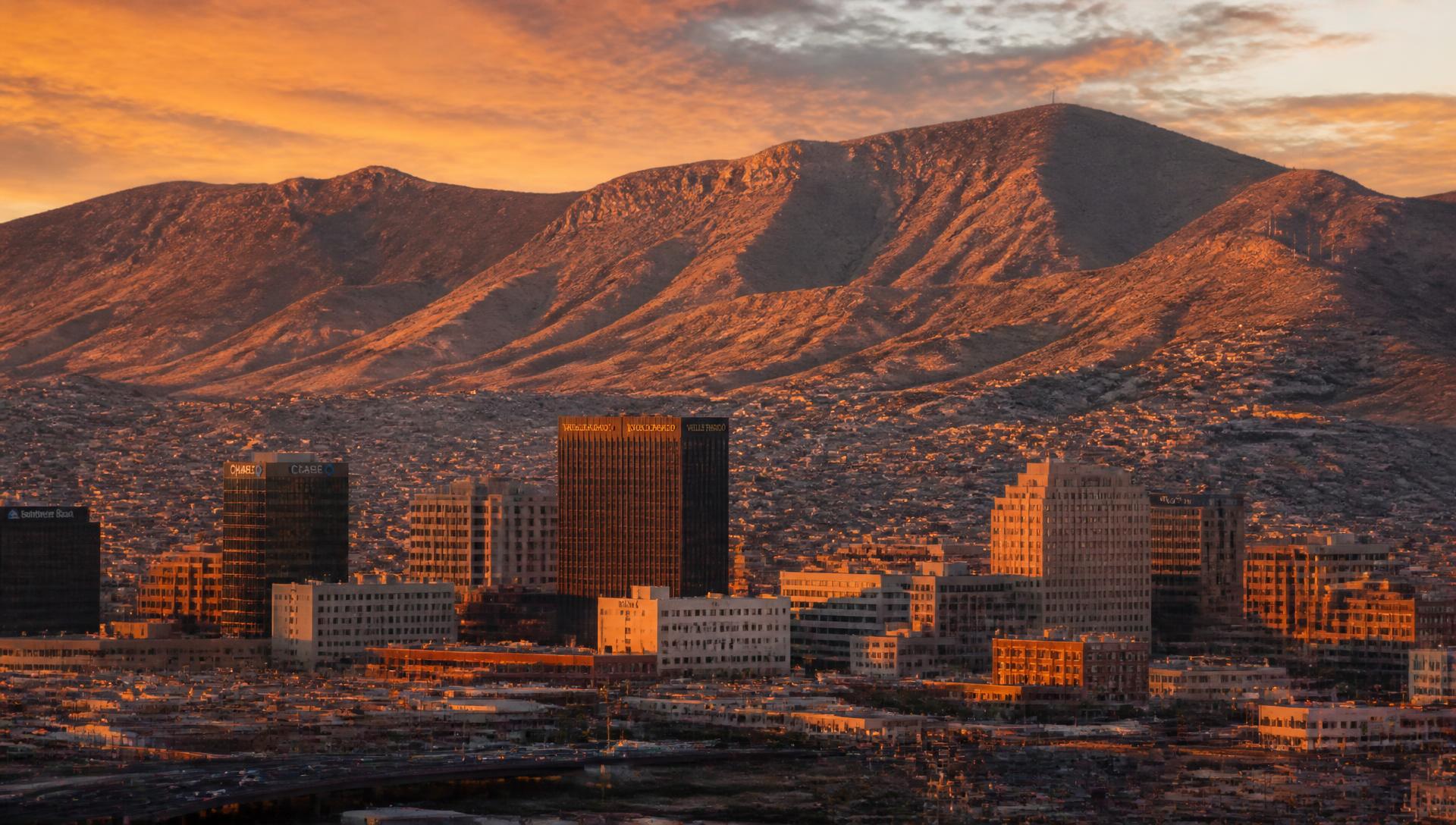 El Paso skyline at golden hour with the Franklin Mountains behind it